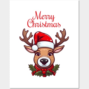 The festive Doe with Christmas Santa red hat and long antlers Posters and Art